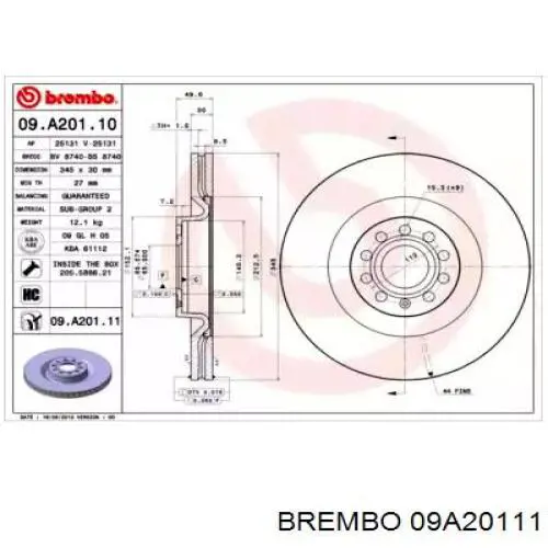 Передние тормозные диски 09A20111 Brembo