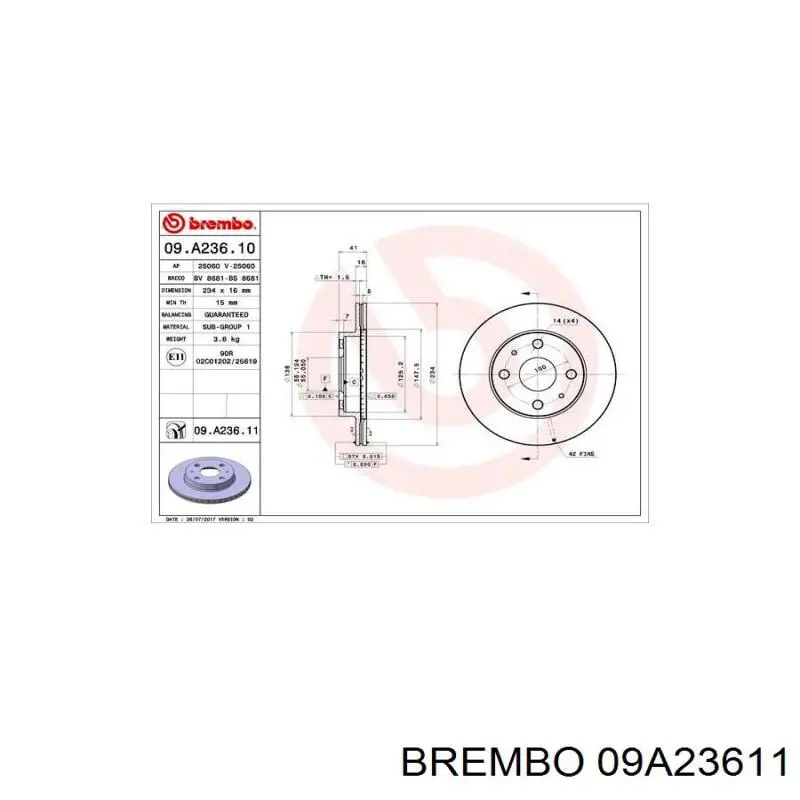 Передние тормозные диски 09A23611 Brembo