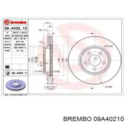 Передние тормозные диски 09A40210 Brembo