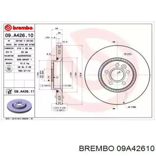 Передние тормозные диски 09A42610 Brembo