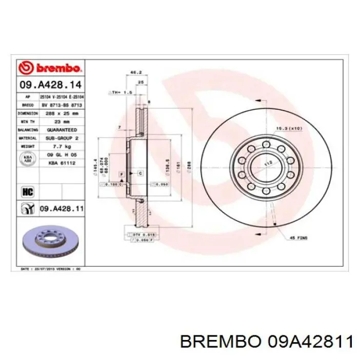 Передние тормозные диски 09A42811 Brembo