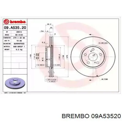 Freno de disco delantero 09A53520 Brembo