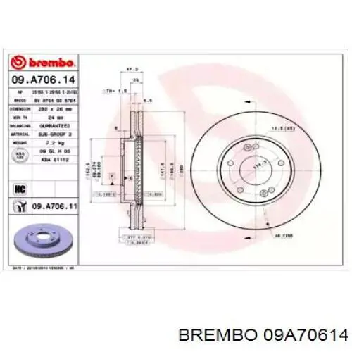 09A70614 Brembo диск тормозной передний