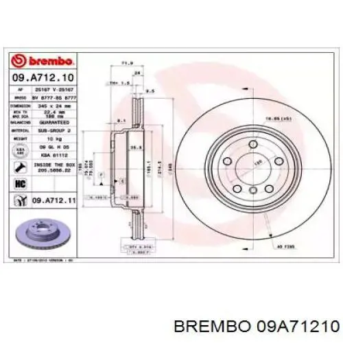 Тормозные диски 09A71210 Brembo