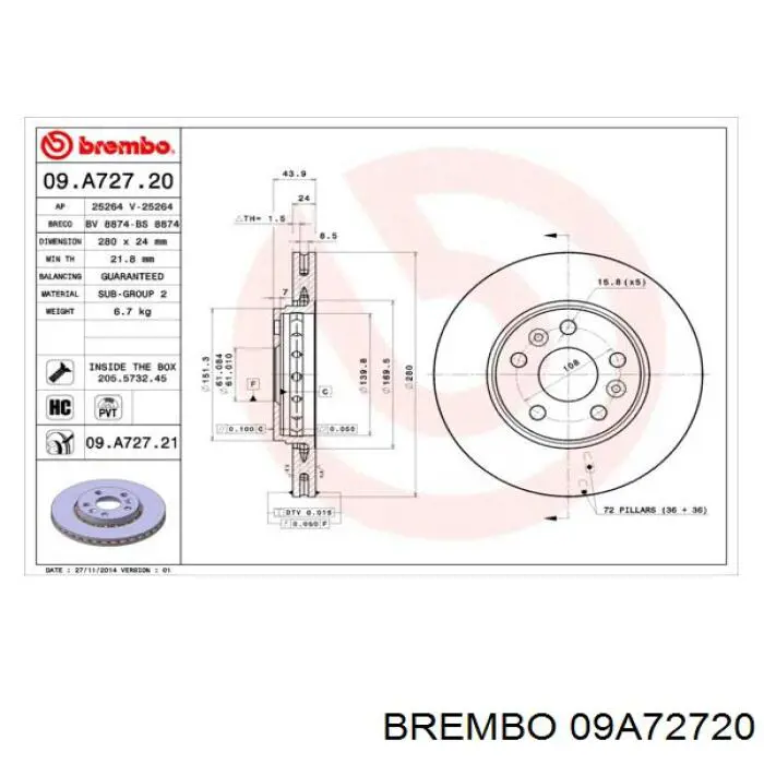 Передние тормозные диски 09A72720 Brembo