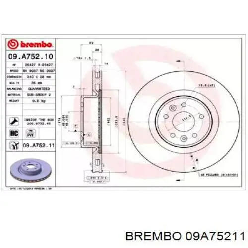 Передние тормозные диски 09A75211 Brembo