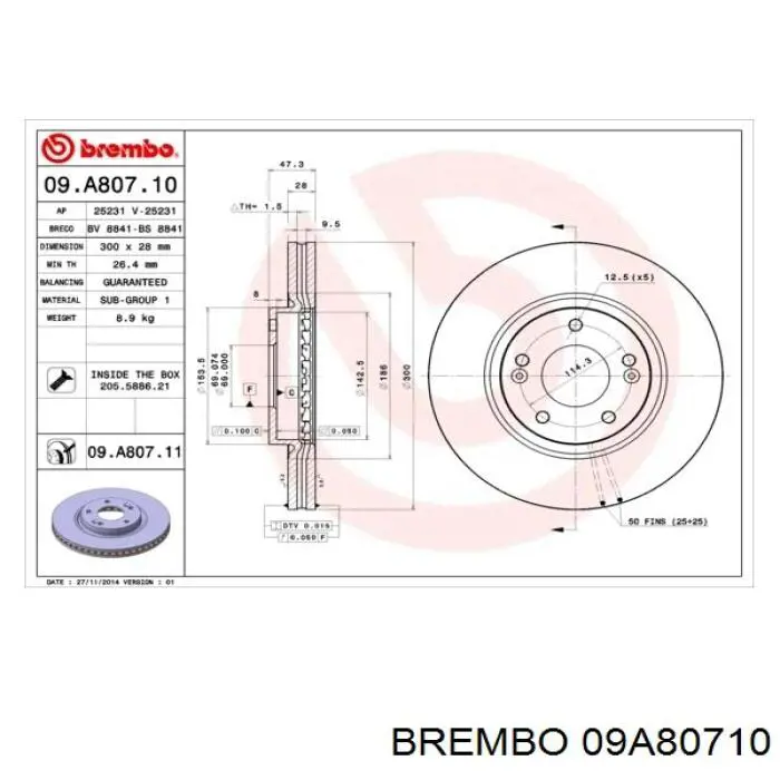 Freno de disco delantero 09A80710 Brembo