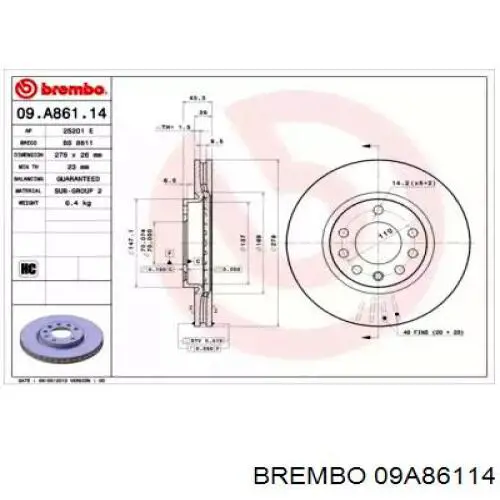 Передние тормозные диски 09A86114 Brembo