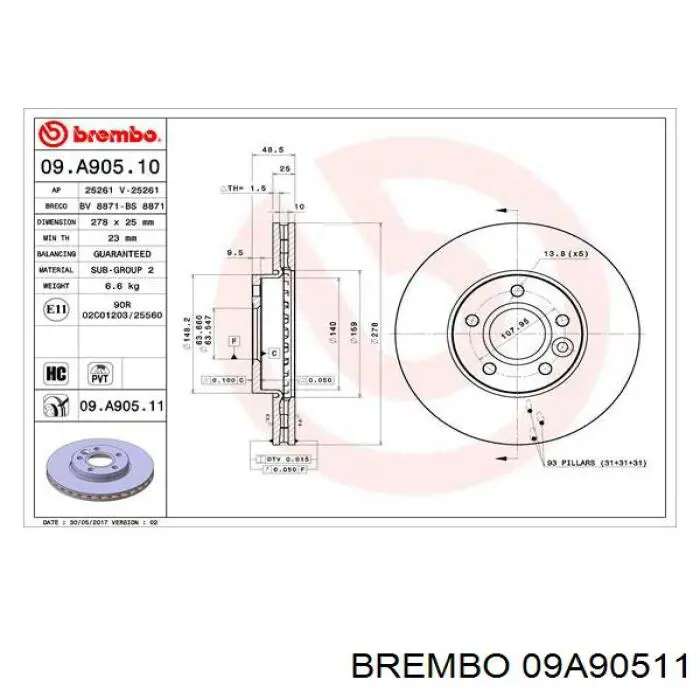 Передние тормозные диски 09A90511 Brembo