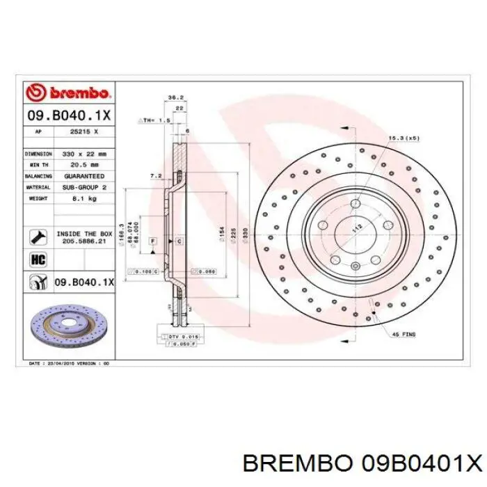 Тормозные диски 09B0401X Brembo