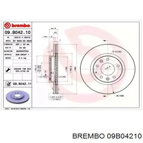 Передние тормозные диски 09B04210 Brembo