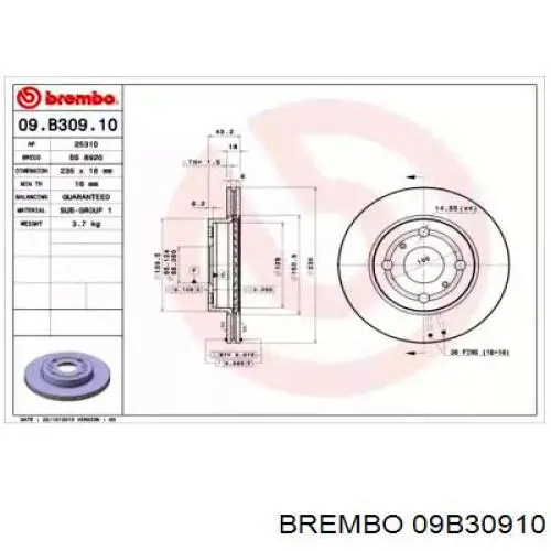 Передние тормозные диски 09B30910 Brembo