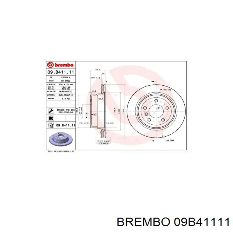 Disco de freno trasero 09B41111 Brembo