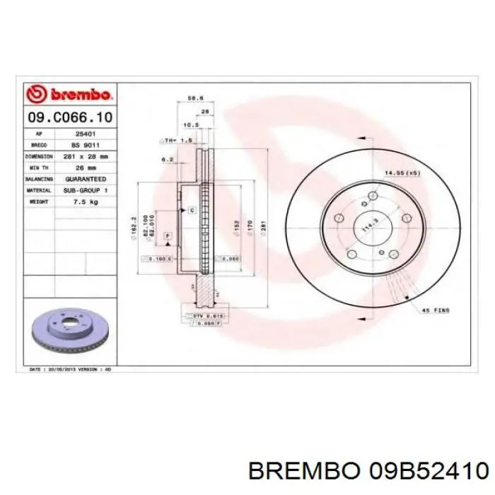 Тормоз дисковый передний Brembo 09B52410 цена, от 61.21 USD