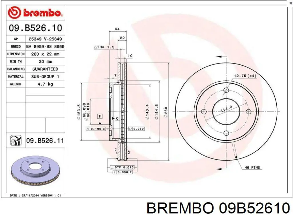 Freno de disco delantero 09B52610 Brembo