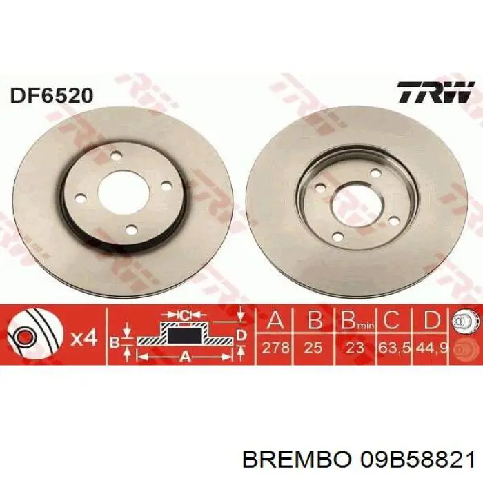 Передние тормозные диски 09B58821 Brembo