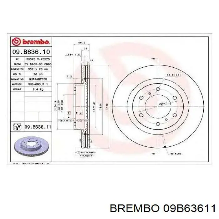 Передний тормозной диск Brembo 09B63611