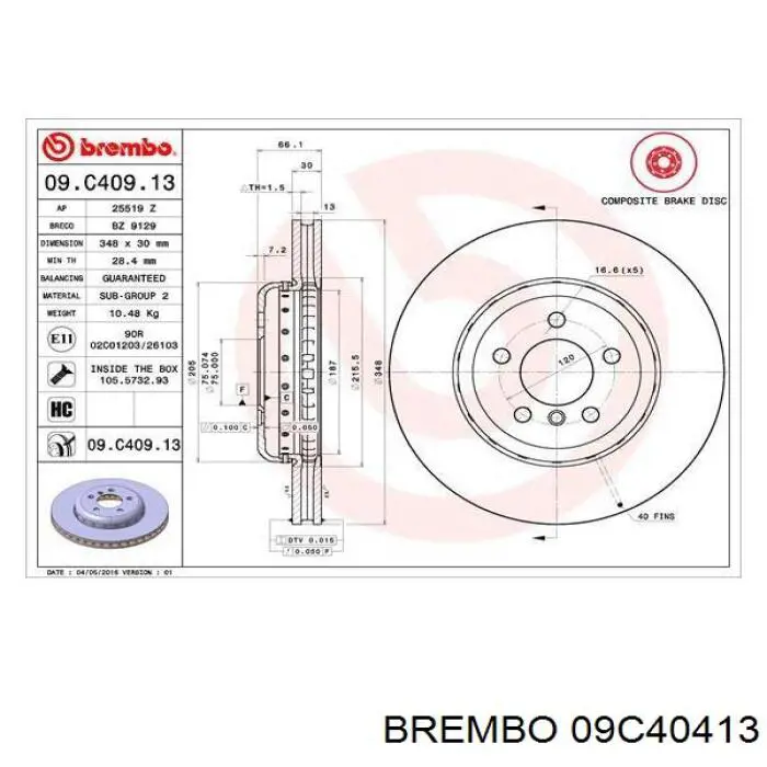 Задний тормозной диск Brembo 09C40413 цена, от 162.69 USD
