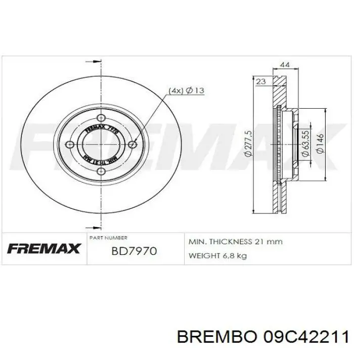Купить 09C42211 Brembo Ротор тормозной