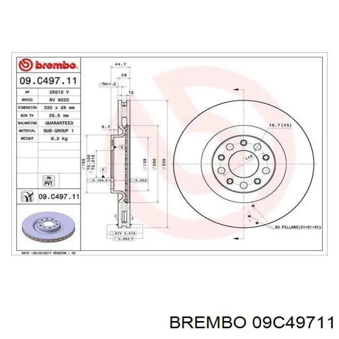 Freno de disco delantero 09C49711 Brembo