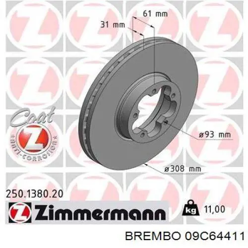 Передние тормозные диски 09C64411 Brembo