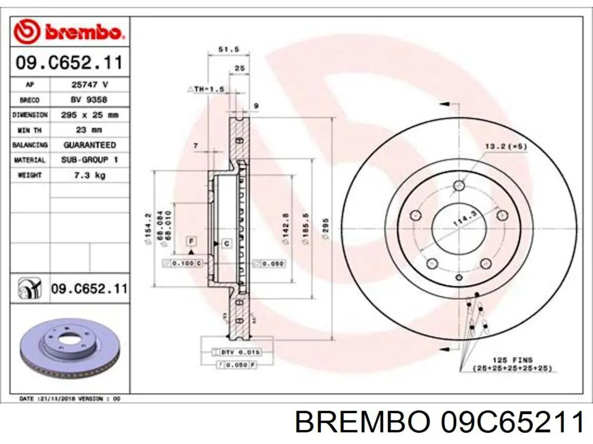Freno de disco delantero 09C65211 Brembo