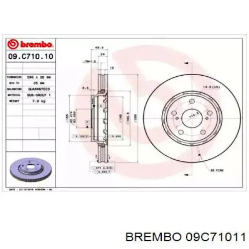 Freno de disco delantero 09C71011 Brembo