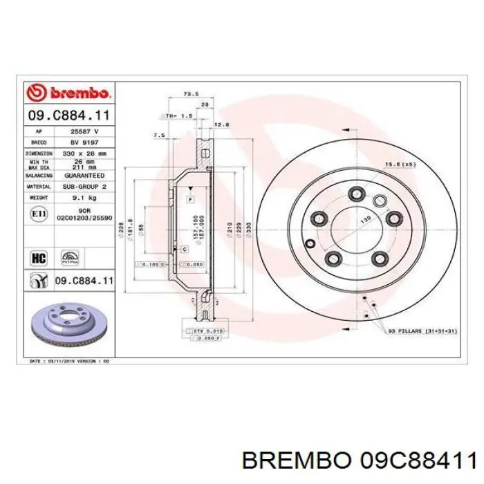 Disco de freno trasero 09C88411 Brembo