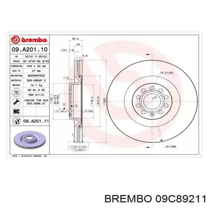 Передние тормозные диски 09C89211 Brembo