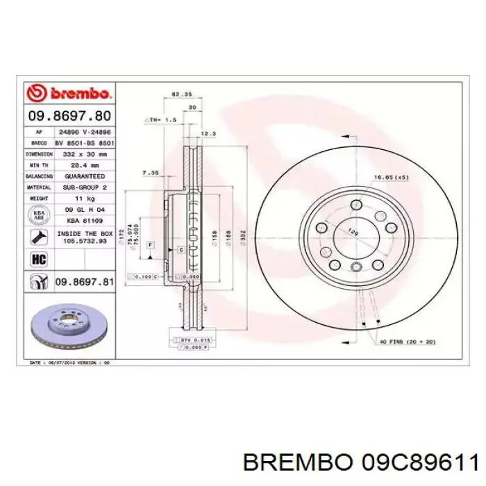 Передние тормозные диски 09C89611 Brembo