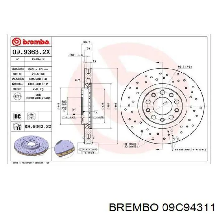 Купить 09C94311 Brembo Ротор тормозной
