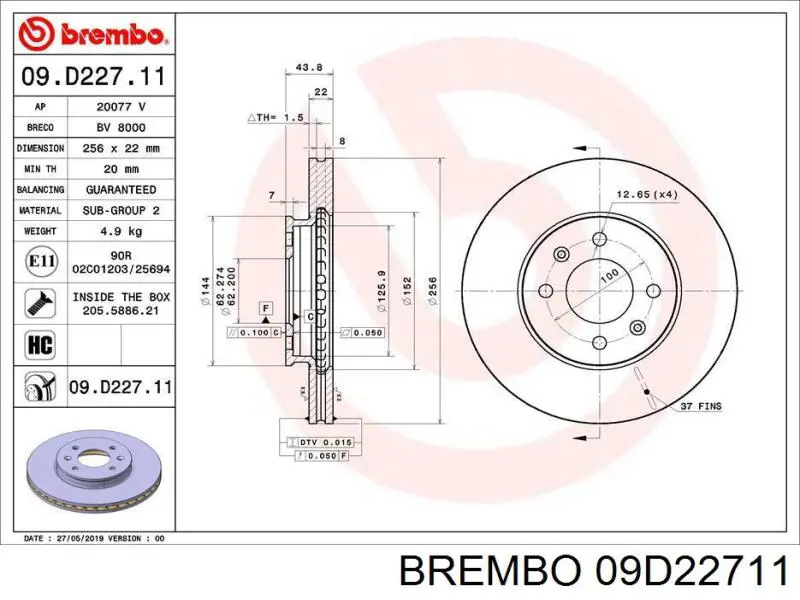 Передние тормозные диски 09D22711 Brembo