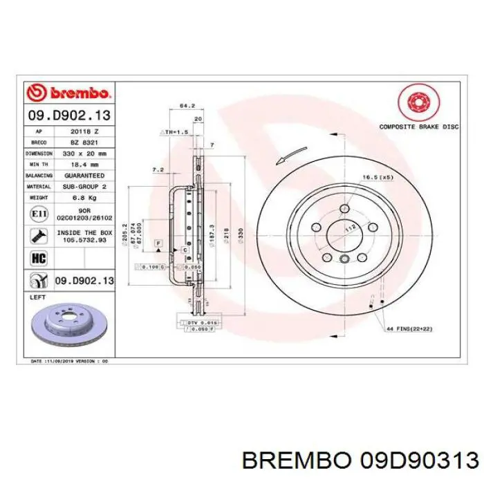 Disco de freno trasero 09D90313 Brembo