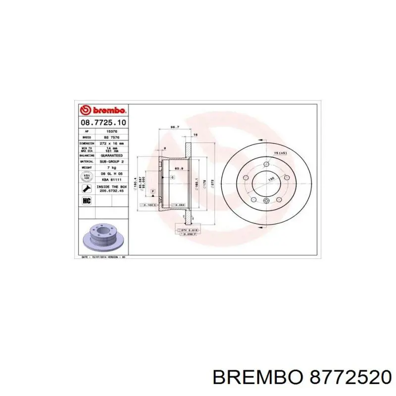 Задний тормозной диск Brembo 8772520 цена, от 41.83 USD