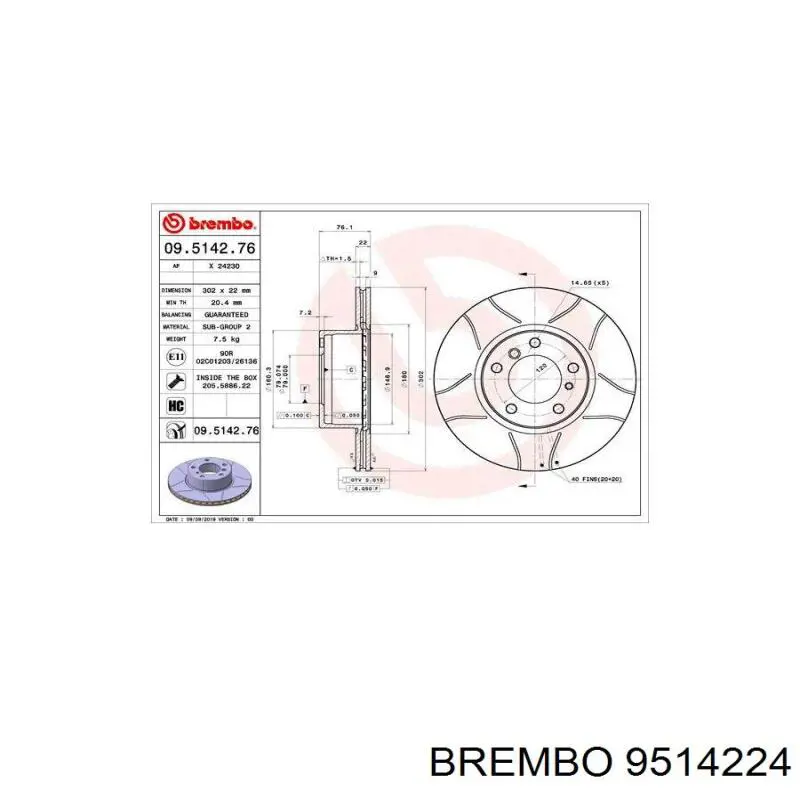 Передние тормозные диски 9514224 Brembo