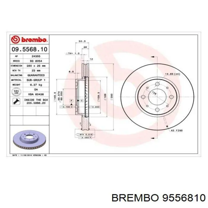 Передние тормозные диски 9556810 Brembo