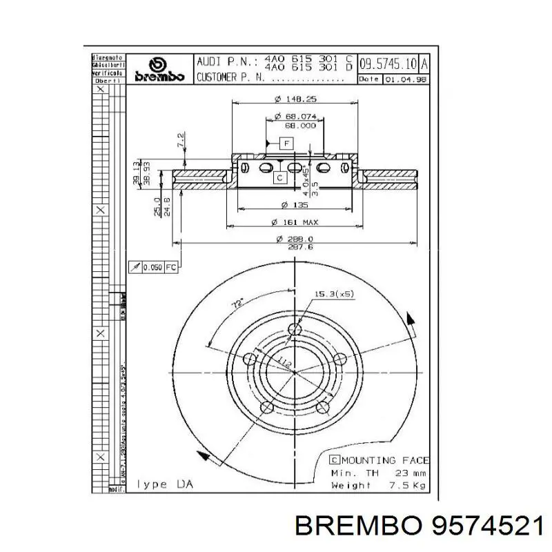 Передние тормозные диски 9574521 Brembo