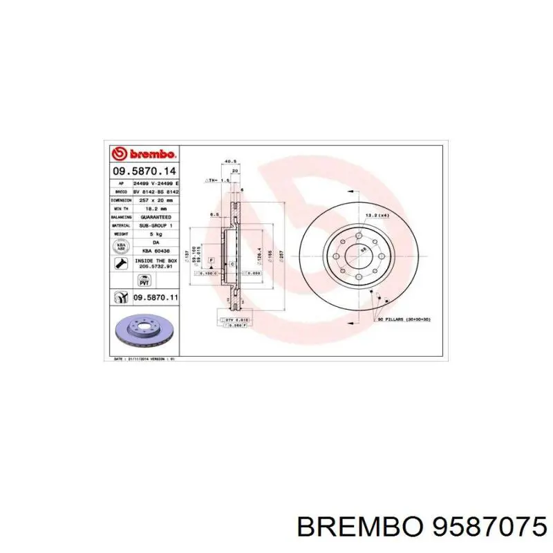 Передний тормозной диск Brembo 9587075