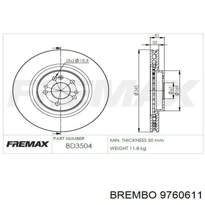 Передний тормозной диск Brembo 9760611