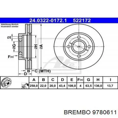 Тормоз дисковый передний Brembo 9780611 цена, от 26.04 USD