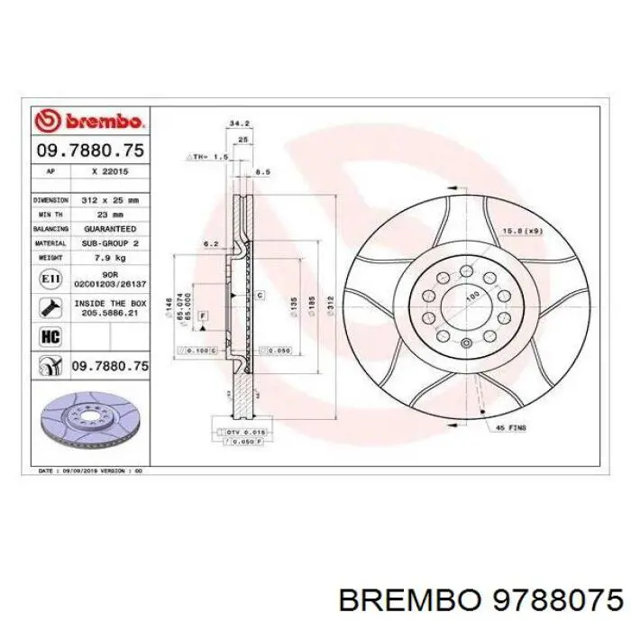 Тормоз дисковый передний Brembo 9788075 цена, от 54.57 USD
