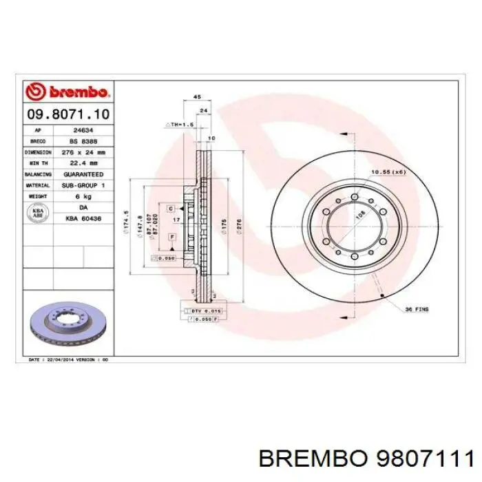 Передние тормозные диски 9807111 Brembo