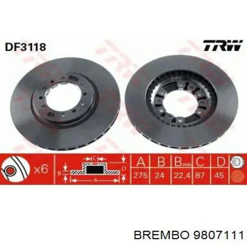Тормоз дисковый передний Brembo 9807111 цена, от 38.60 USD