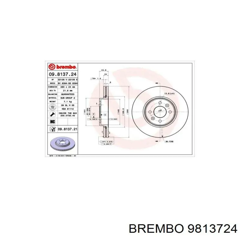 Тормоз дисковый передний Brembo 9813724 цена, от 38.67 USD