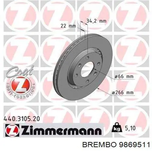 Передние тормозные диски 9869511 Brembo