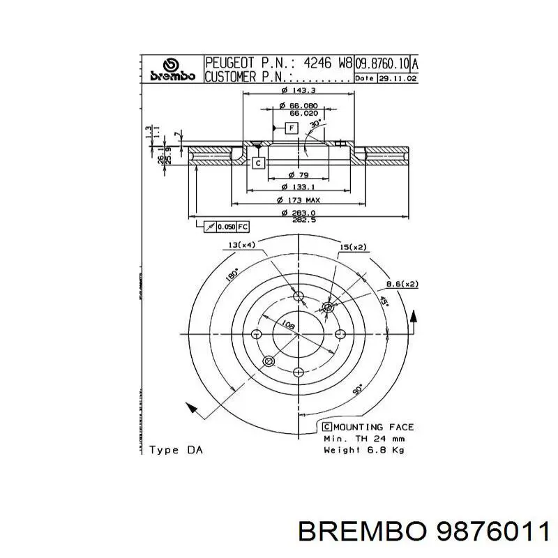 Тормоз дисковый передний Brembo 9876011 цена, от 37.94 USD