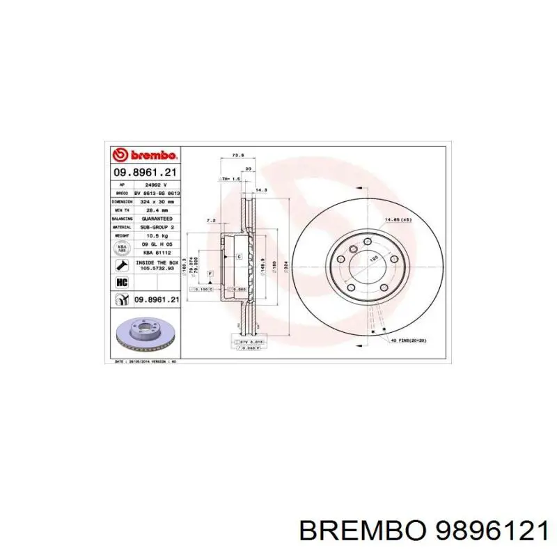 Передние тормозные диски 9896121 Brembo