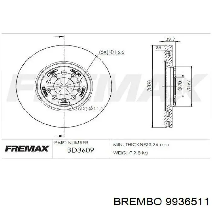 Тормоз дисковый передний Brembo 9936511 цена, от 57.16 USD