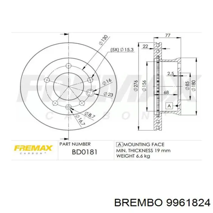9961824 Brembo Диск тормозной передний
