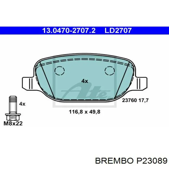 P23089 Brembo колодки тормозные задние дисковые